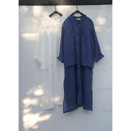 Johnature Women Dress False Two Pieces 3 Colour Chinese Style Cotton Linen Button Vintage 2021 Autumn New Stand Casual Dress