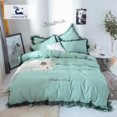 Liv-Esthete Luxury Beauty Green 100% Cotton Bedding Set Lace Printed High Quality Duvet Cover Flat Sheet Queen King Girl Gift