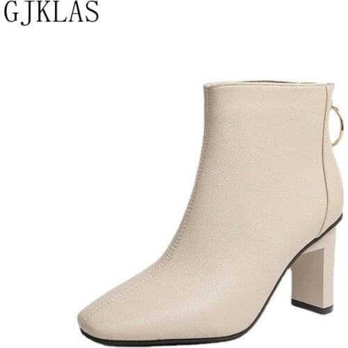 Square Toe High Heels Ankle Boots Big Size Sexy Leather Boots for Women Heels Autumn Winter Shoes Women Snow Boots Warm