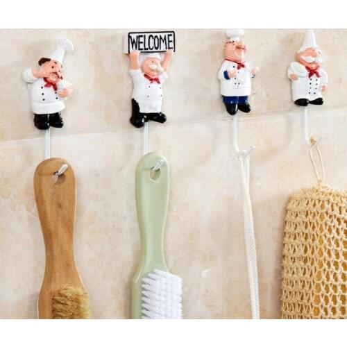 Cartoon Hook Chef Shape Stainless Steel Resin Hooks High Sticky Wall Door Clothes Coat Hat Hanger Kitchen Bathroom Storage Rack