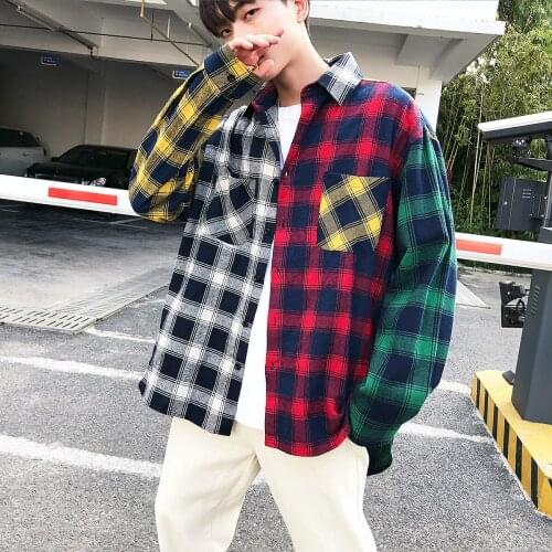 New Korean Fashion Kpop Jacket Shirts Mens Plaid Shirts Long Sleeve Streetwear Shirts Hip Hop Male 100% Cotton Flannel Loose Top