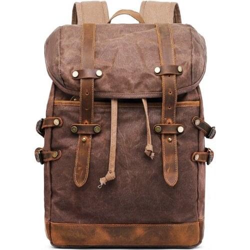 Oil wax canvas backpack mens hiking travel outdoor backpack shoulder bag men crazy horse leather backpack