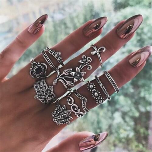 Bohemian Beach Retro Flowers Hollow Lotus Wave Gems Geometry Crystal Ring Set Women Charm Jewelry Accessories
