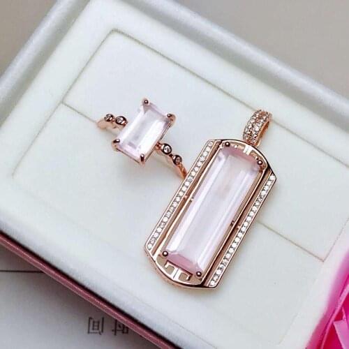Real Natural Rose Quartz jewelry set Natural Real Rose Quartz 925 sterling silver 1pc pendant,1pc ring