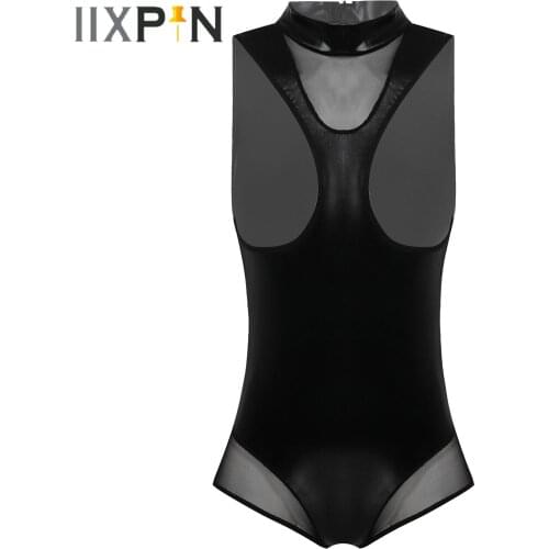 Lingeries Sexy Patent Leather Breast Exposing Bodysuit Mesh Patchwork Sexy Nightwear Sleepwear High Neck Open Front Bodysuit