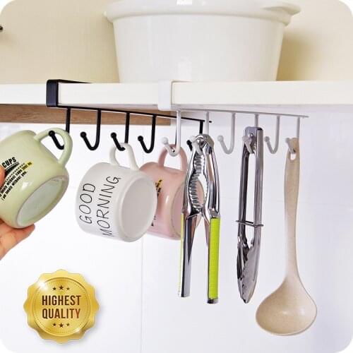 2021 New Hot Fashion 6 Hooks Metal Under Shelf Mug Cup Cupboard Kitchen Organiser Hanging Rack Holder Kitchen Gadgets Storage
