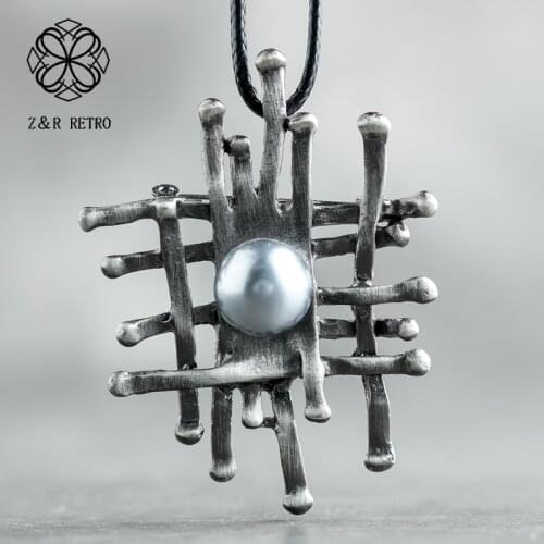 Handmade Vintage Long Chain Necklace Grey Bead Jewelry for Women Fashion Accessories Decoration Geometric Big Suspension Pendant