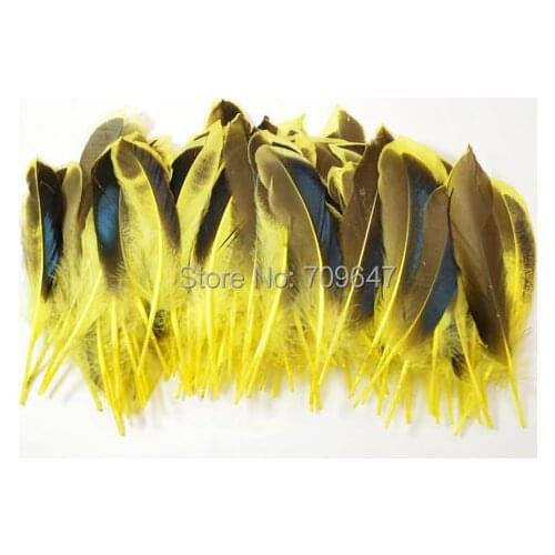 Feather top!100pcs/Lot 8-12cm Yellow Mallard Duck Wing Feathers, Mallard Feathers, Iridescent blue Wings