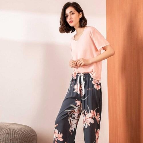 Daeyard Summer New Women V-Neck Floral Printed Pajamas Set Soft Cotton Pyjamas Loose Comfy Sleepwear Casual Pijamas Homewear