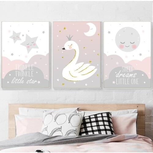 Nursery Poster Print Cartoon Posters And Prints Swan Stars Moon Canvas Art Print Nordico Wall Pictures For Baby Girl Room Decor