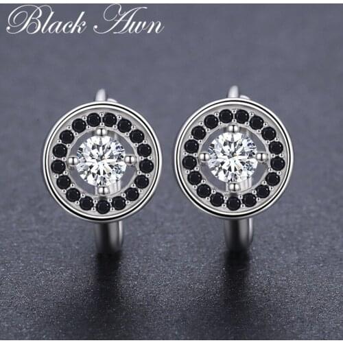 Genuine 925 Sterling Silver Round Engagement Hoop Earrings for Women with Black Spinel Stone Jewelry Bijoux T179