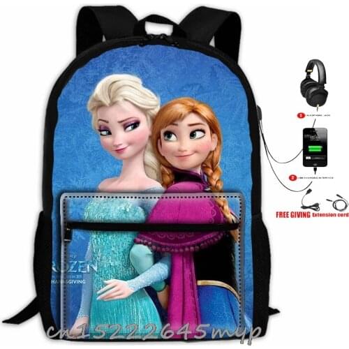 USB charging Frozen Elsa Backpack Student Cartoon Printed School Bag Bookbag Unisex Casual Travel bags Shoulder Bag Mochila