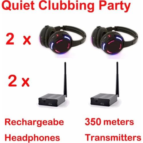 Silent Disco compete system black led wireless headphones - Quiet Clubbing Party Bundle (2 Headphones + 2 Transmitters)