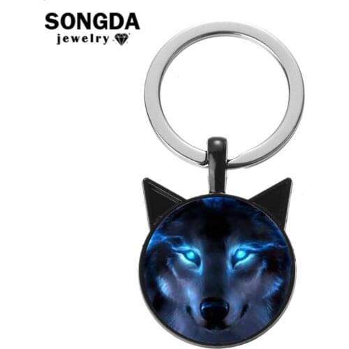 SONGDA Wicca Nordic Wolf Keychain Glass Photo Cabochon Cute Two Ear Pendant Key Ring Holder Motorcycle Car Key Chain Men Jewelry