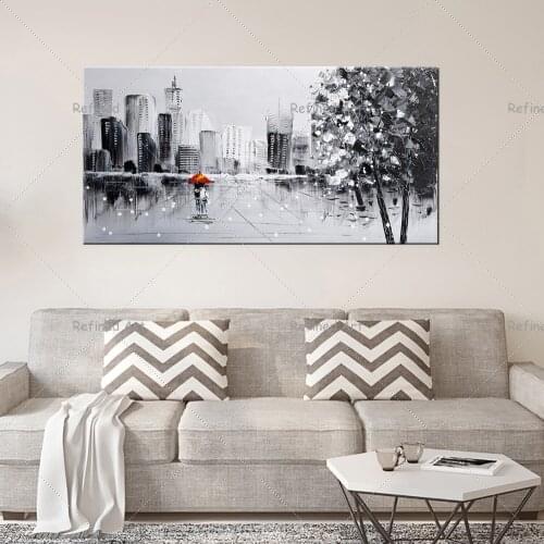 Modern Abstract Palette Knife Black And White Street View Canvas Oil Painting Landscape Banner Living Room Home Wall Art Decor