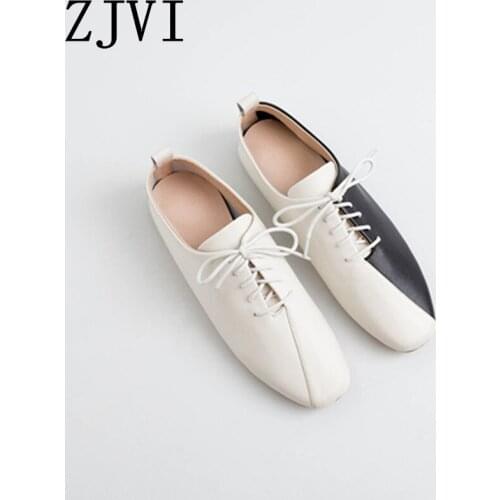 ZJVI Woman Sexy Black Whtie Mixed Colors Flats 2020 Women Genuine Leather Ladies Flat Shoes Causal Square Toe Lace Up For Girls