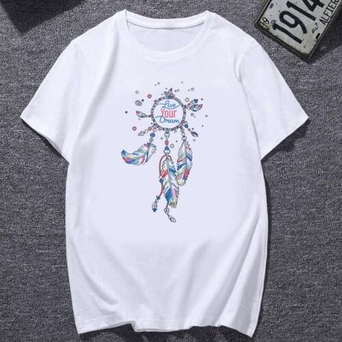 Ladies Harajuku short-sleeved Flower Earrings printed T-shirt Womens T-shirt retro Dreamcatcher casual O-neck top shirt