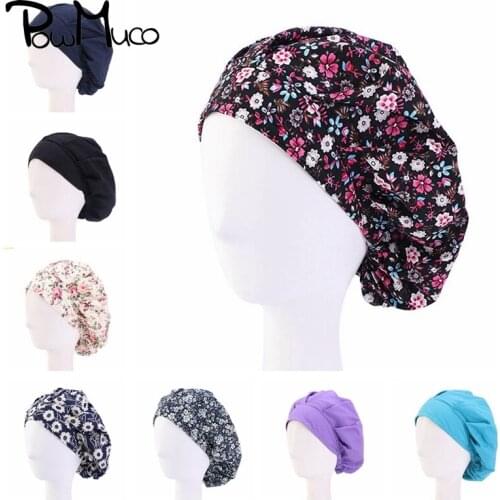 Powmuco 12 Colors Women Bouffant Printed Cap Cotton Operating Room Hat Washable Reuseable Casual Head Cover Working Caps