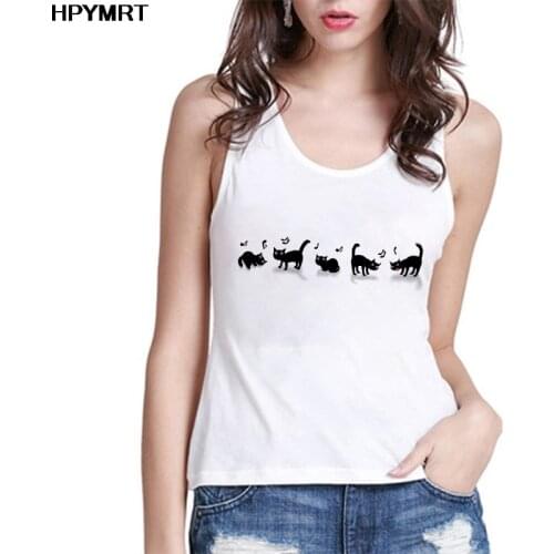 Summer Women Fashion Vest Tank Tops Sexy Camisole Music Black cat Print Lady Casual Loose Sleeveless 90s Female Top Clothing