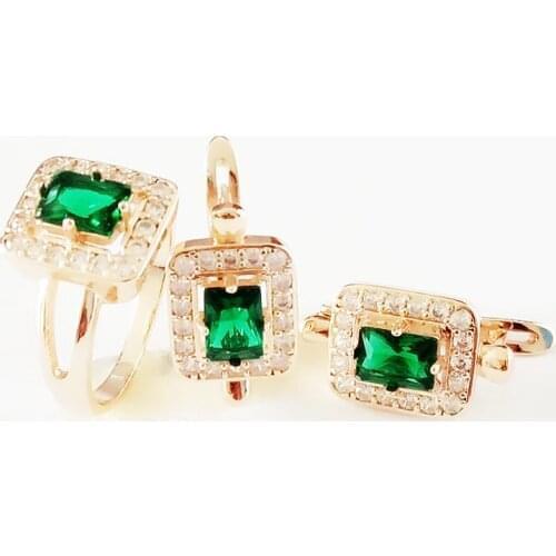 New Fashion Jewelry Set Rose Gold Color Women Jewelry Romantic Green Cubic Zircon Jewelry Earring +Ring Wedding Jewelry Sets