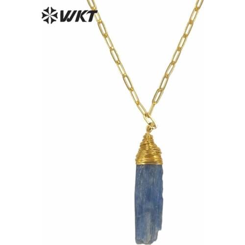 WT-N1221 HOT Trendy chunky link chain necklace for women jewelry fashion blue kyanite with wire wrapped pendant necklace