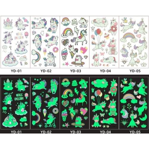 5pcs/lot Luminous Tattoo Face Temporary Color Unicorn Mermaid Dinosaur Tattoo Child Cute Tattoo Sticker Body Tattoo for Kids