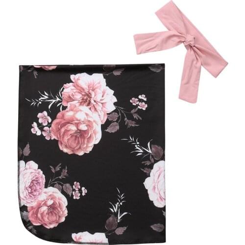 Newborn Swaddle Blanket Baby Swaddling Floral Muslin Wrap +Headband 2Pcs Outfits Cotton Infant Wrap