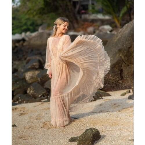 Pearls Wedding Sleepwear Long Sleeves Ruffles Elegant Bling Floor Length Customize Evening Gown