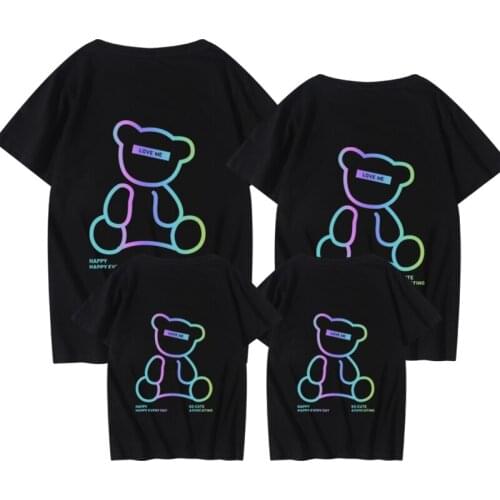 Happy Bear T Shirt Men Women Couple Clothes White Black Colored Bear Top Tee Shirt Two Sides Printing Matching Family Oufits