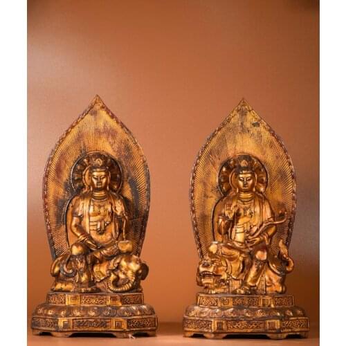 14"Chinese temple collection Old Bronze Lacquer Cinnabar Manjushri Samantabhadra 2 pieces Sitting Buddha Ornaments