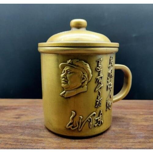 Chinese carving Chairman Maos Mao Zedong statue tea Water cup With lid Walled Copper Pure Brass Handles Mugs Cup