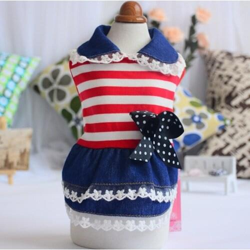 Puppy Dog Pet Stripe Costume Princess Dress Lace Pleated Lapel Stripe Bownot Princess Dress Denim Skirt XS-L Pet Supplies