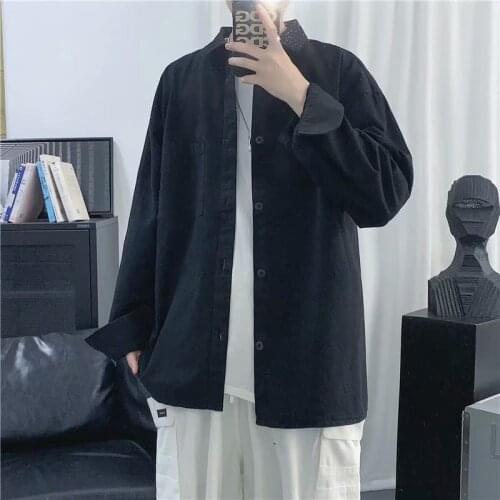 Handsome shirt trendy white pocket Hong Kong style Japanese Korean version trendy handsome casual long-sleeved shirt