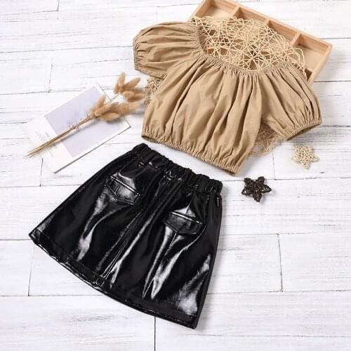 Menoea Baby Girls Dresses Sets Kids Clothes Short-sleeved Solid Tops Leather Skirt 2Pcs Suits Clothing Sets Children Outfits