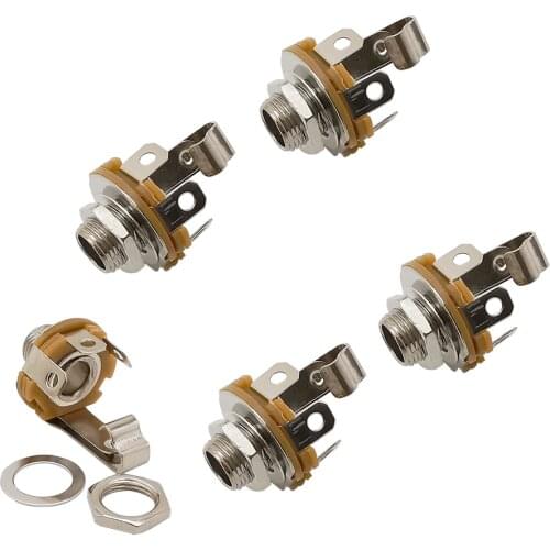 5Pcs/Lot 6.35mm 1/4" 2 Pole Phone Mono Jack Chassis Panel mount Socket Audio Solder Connector with Nut and Washer Nickel Finish