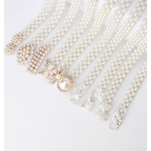New 67*2cm Female Imitation Pearls Belt Inlaid Rhinestones Buckle Ladies Waistband Women Chain Band