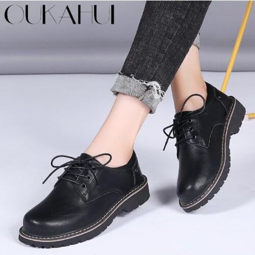 OUKAHUI 35-43 British Style 2019 Genuine Leather Oxford Shoes For Women Winter Lace-Up Flat Platform Casual Shoes Woman Black