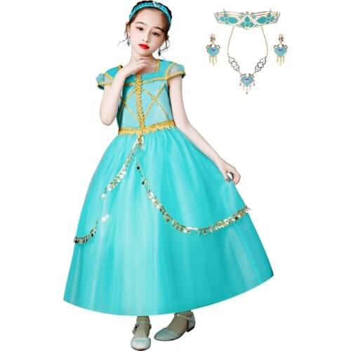 Princess Costume For Children Christmas Party Cosplay Aladdin Dress Lace Patchwork Green Short Prom Gown Kids 2-10T