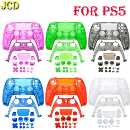 JCD Transparent Clear Plastic Skin Shell Case For Sony PS5 Console Front Back Cover & Decorative Strip W/ Full Button Set Kit