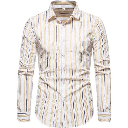 Casual Mens Shirt Fashion Spring SummerCotton Long Sleeve Striped Slim Fit Stand Collar Dress Shirts Camisa