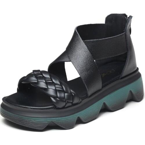 Fashion Handmade Women Wedges Sandals Trifle Open Toe 100% Genuine Leather Back Zipper Casual Shoes for Women Platform Sandals