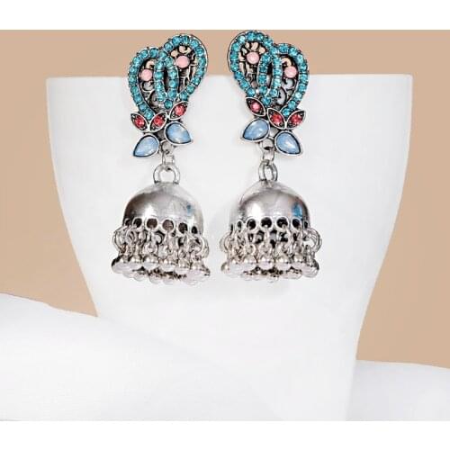 Vintage Ethnic Womens Silver Color Beads Earrings Hanging Female Fashion Blue Rhinestone Flower Jewelry Ornaments