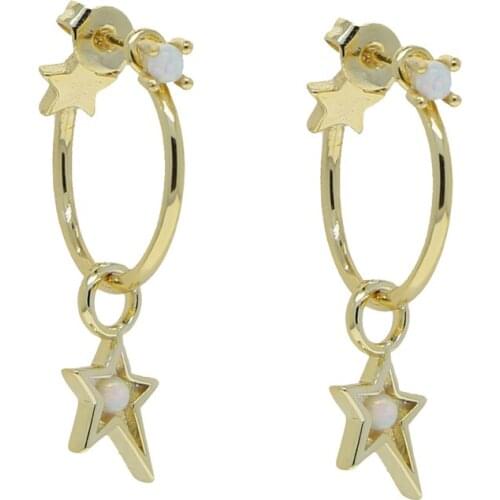 Double Sided Girl Women Earring Fashion Gold Color White Fire Opal Stone Mini Star Charm Round Circle Geometric Jewelry