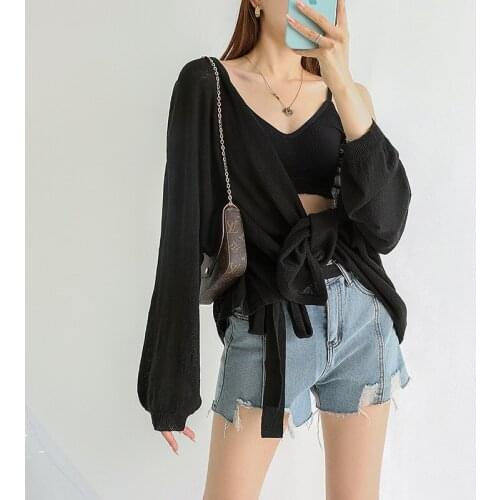 Johnature Summer New Sunscreen Knitting Bandage Jackets Women 2021 Casual All Match Cardigan Loose Solid Color Coats