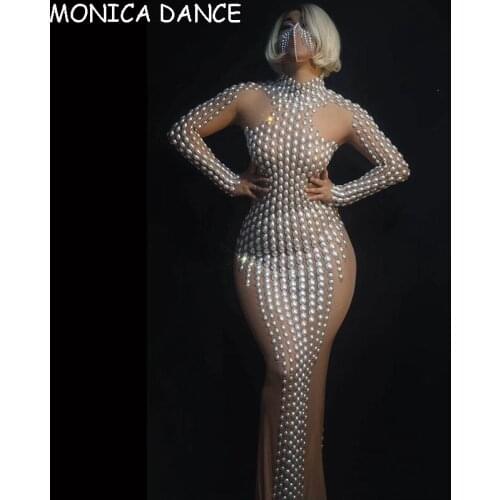 Women Sexy Evening Party Celebration Birthday Pearl Mesh See Through Dress Floor Length Dress Singer Perspective Dress