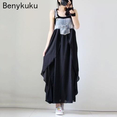 Women Summer Dress Casual Jeans Splicing Chiffon Strap Ruffles Dresses Plus Size Dress Party Dress Sukienki Vestidos Robe Femme