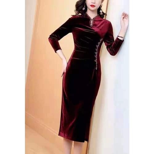 Top Quality Brand Chinese Dress 2021 Autumn Winter Vintage Party Woman Hand Made Beading Long Sleeve Bodcon Sheath Dress 5xl