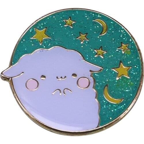 Star Moon Glitter Pin Cute Fluffy Sheep Badge Great Gift for Space and Animal Lover