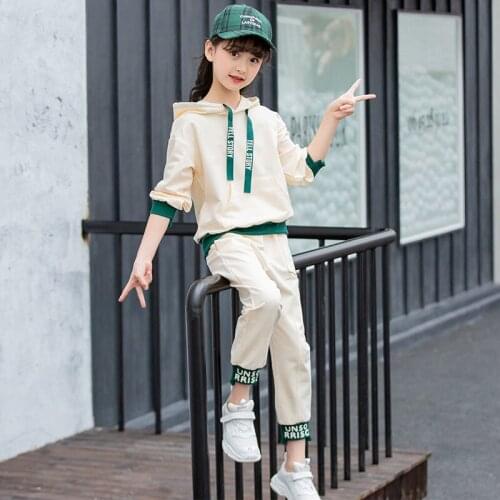 Girls Suit Sweatshirts +Pants Cotton Hooded 2Pcs/Sets 2021 Beige Green Spring Autumn Teenager Kid School Outdoor Children Clothi