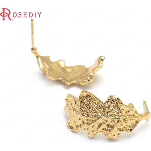 35874)6PCS 14x27MM 24K Gold Color Brass with Half Pin Tree Leaf Stud Earrings High Quality Diy Jewelry Findings Accessories